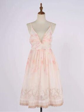 Designer-style Pink Floral Midi Dress with Lace Trim